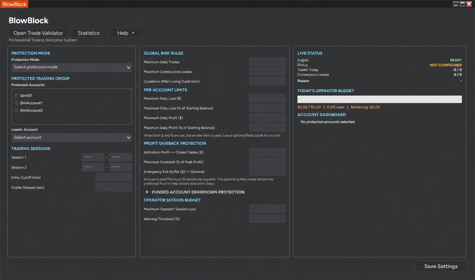 Blow Block control center with risk parameters ready for configuration
