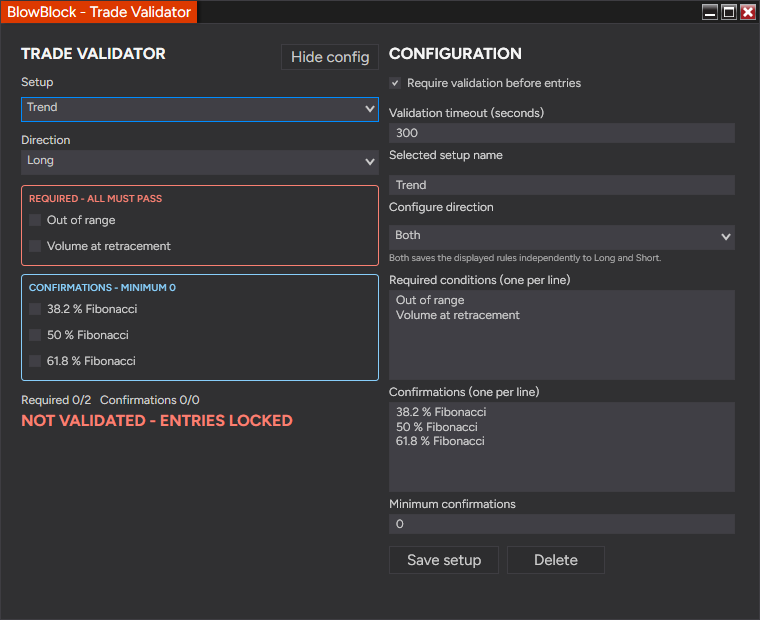 Trade Validator configuration window with required conditions and confirmations