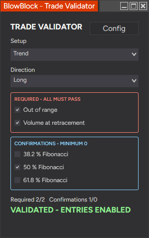 Trade Validator with all required variables selected and entries enabled